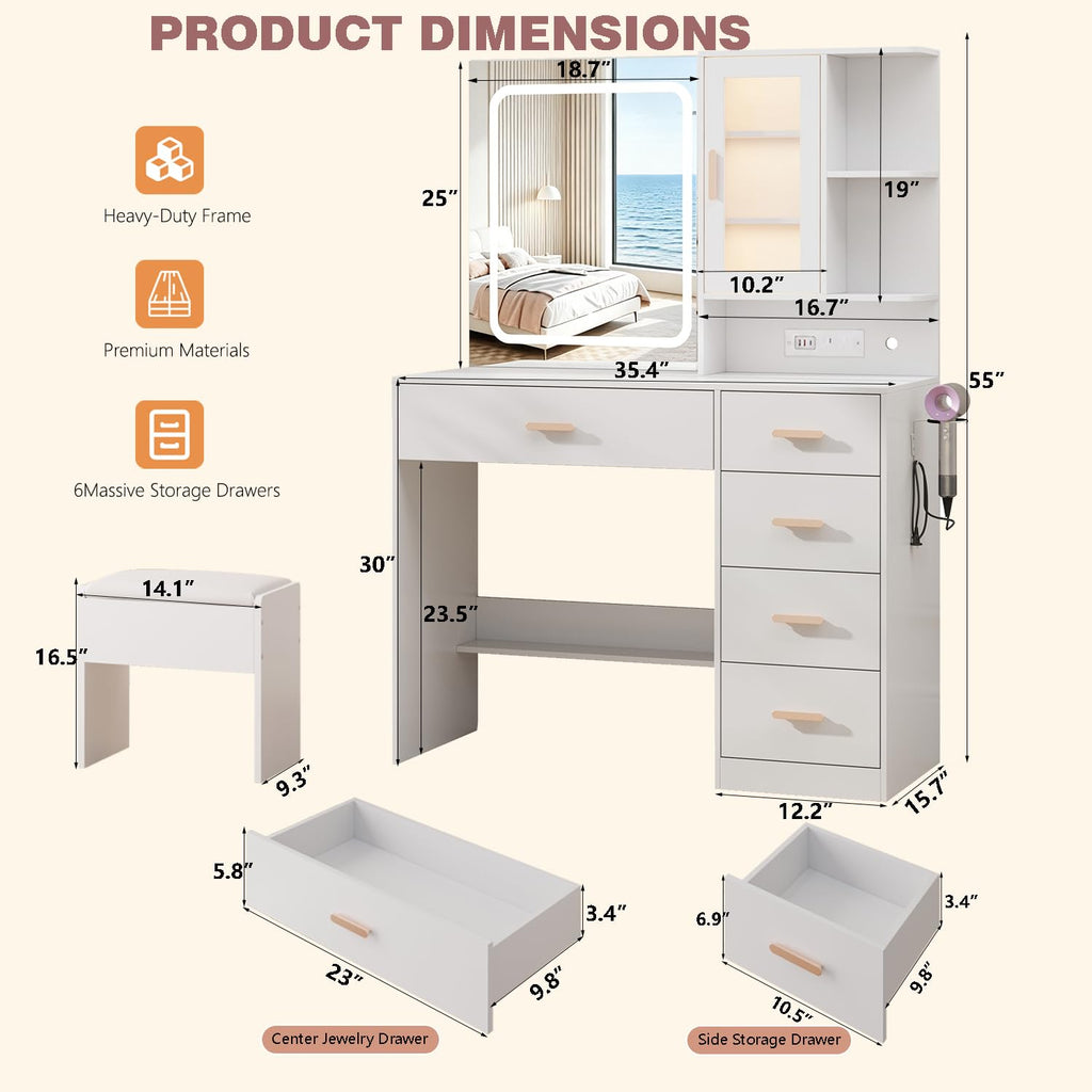 White Vanity Desk with LED Lights Mirror, 5 Drawers, Charging Station & Cushion Stool G84875