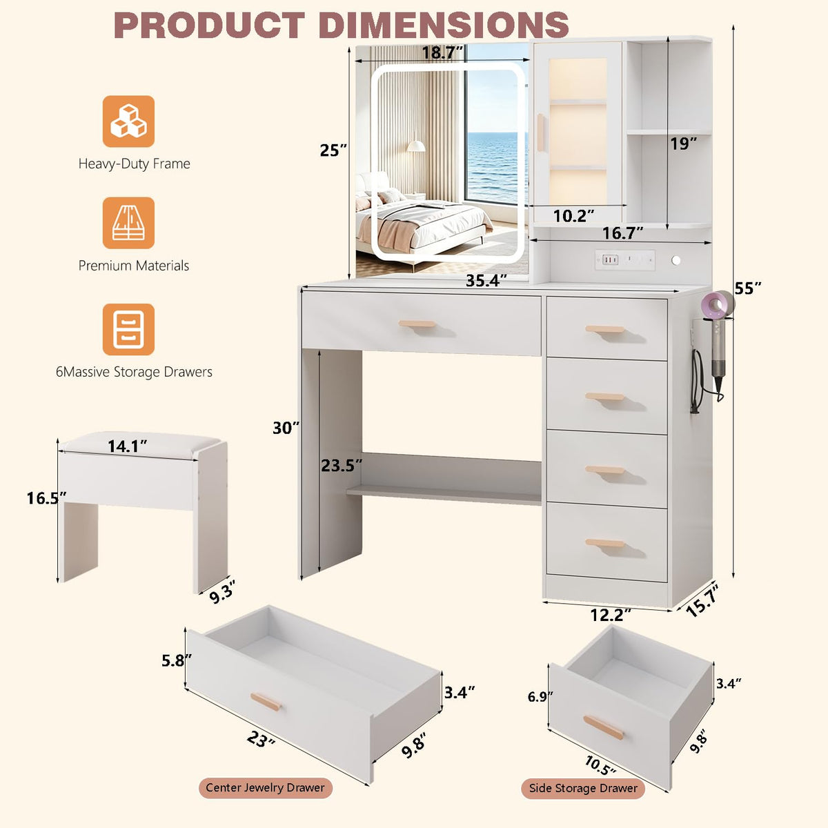 White Vanity Desk with LED Lights Mirror, 5 Drawers, Charging Station & Cushion Stool G84875
