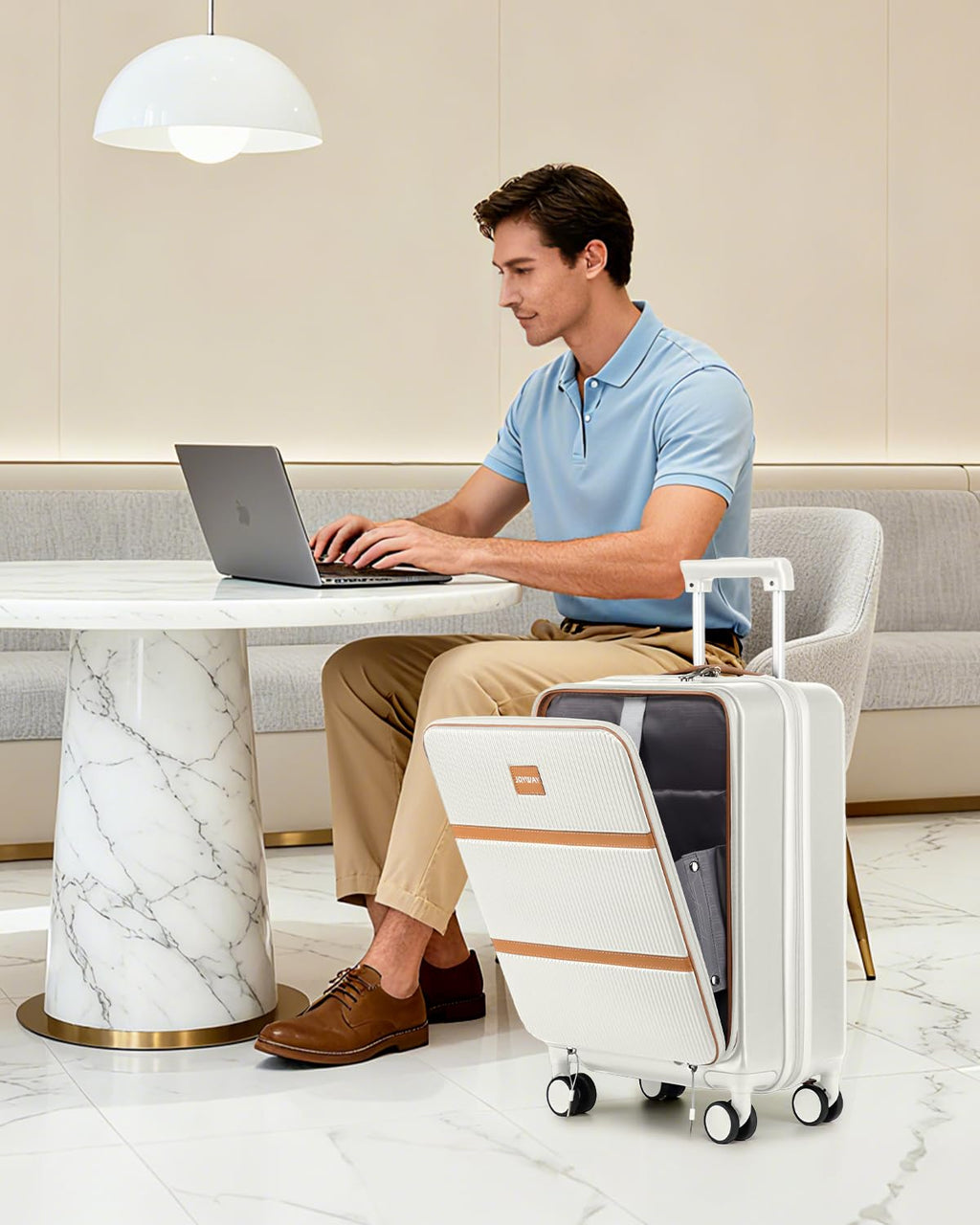 20 Inch Carry On Luggage with Front Pocket and Cup Holder, White S7336
