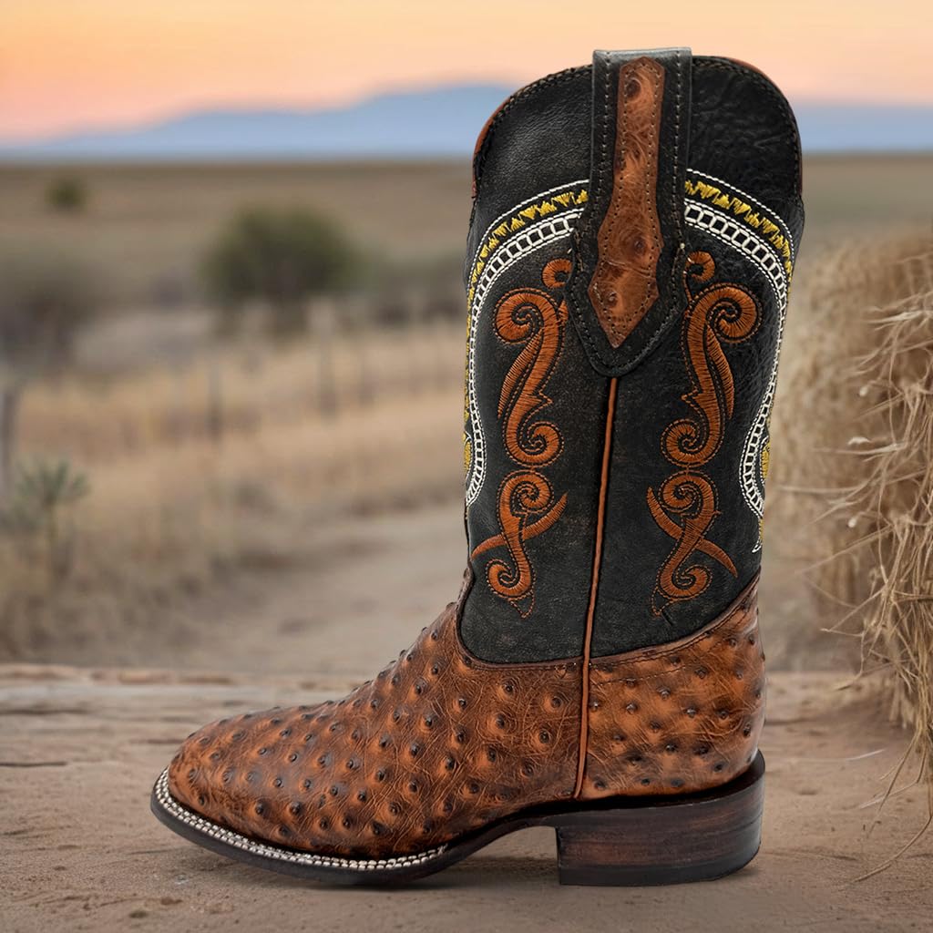 Leather Ostrich Quill Print Square Toe Western Cowboy Boot B3049