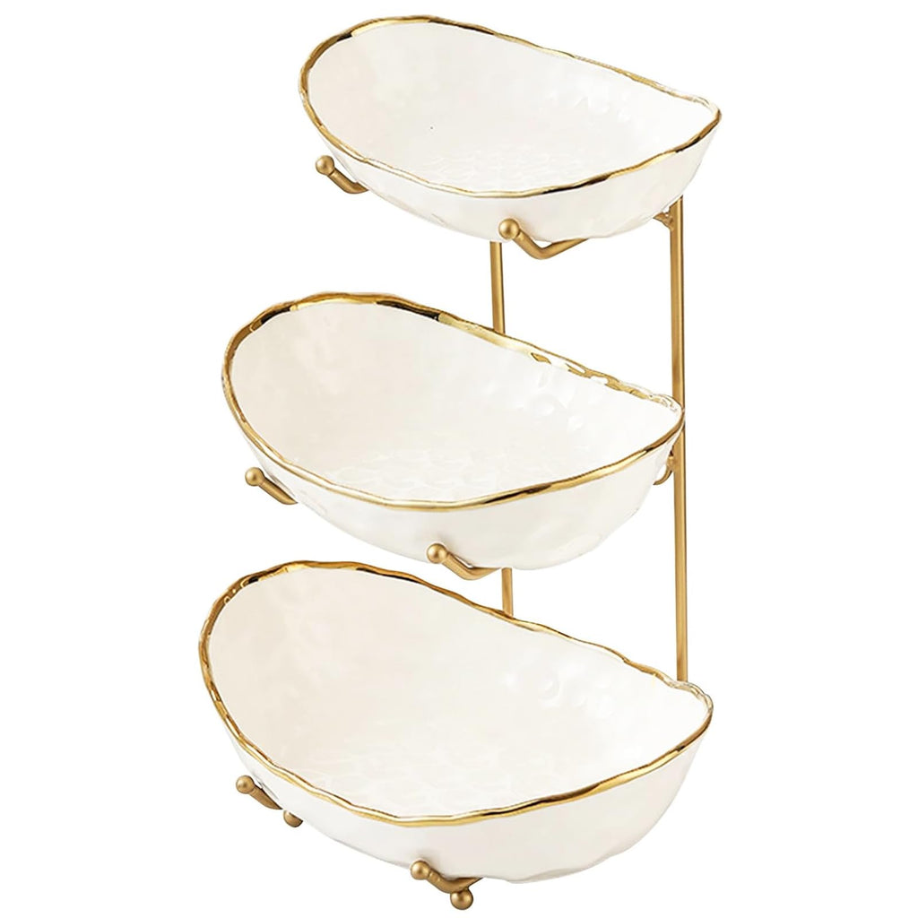 White 3 Tier Ceramic Fruit Bowl with Metal Holder G12891