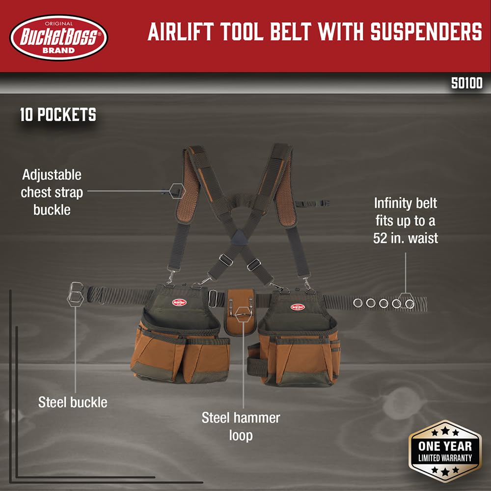 Tool Belt with Suspenders, 12 pockets, Brown, 52 Inch P7576