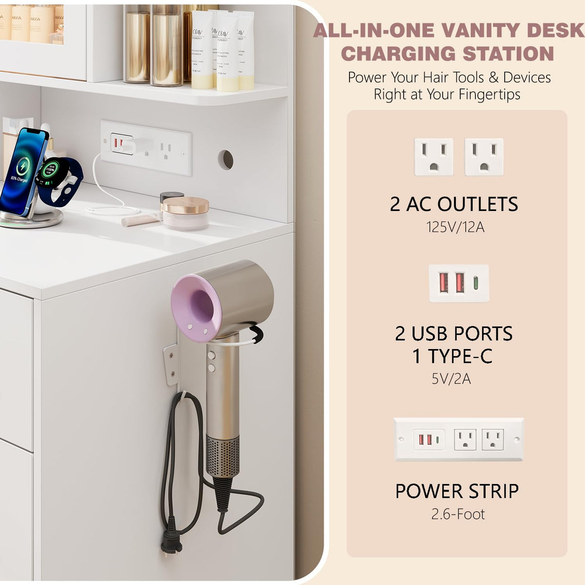 White Vanity Desk with LED Lights Mirror, 5 Drawers, Charging Station & Cushion Stool G84875