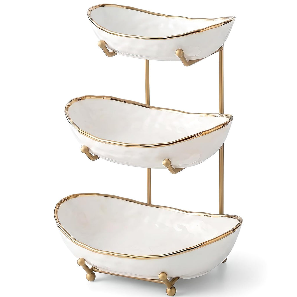 White 3 Tier Ceramic Fruit Bowl with Metal Holder G12891