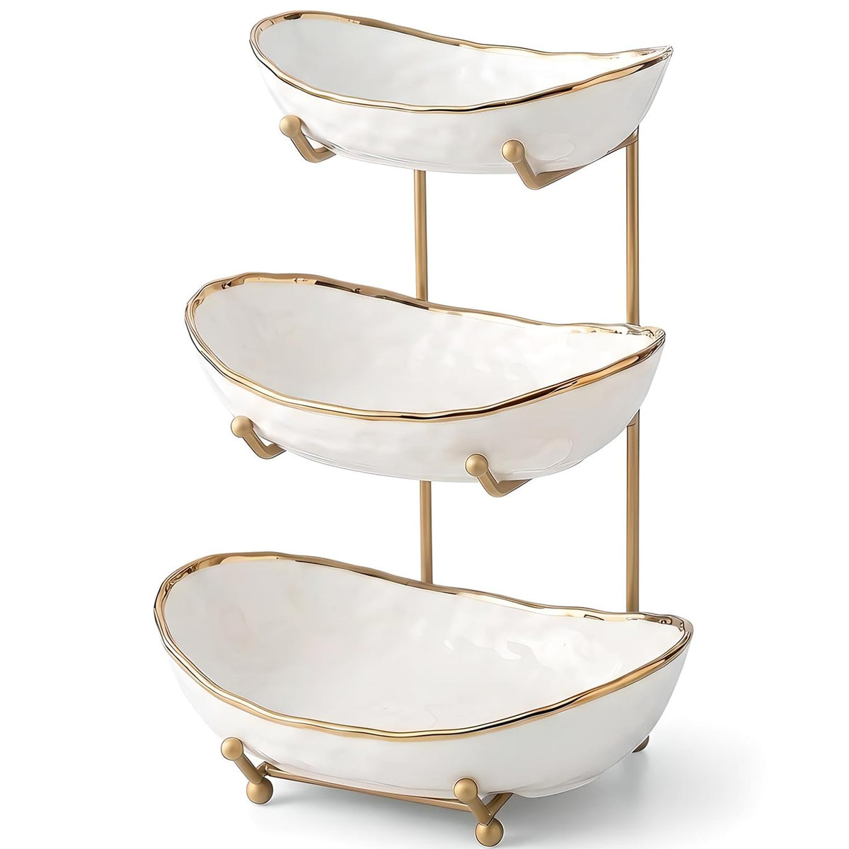 White 3 Tier Ceramic Fruit Bowl with Metal Holder G12891