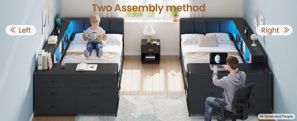 Twin Corner Bed with 6 Storage Dressers, 3 Drawers & Bookcase, Charging Station and LED Light, Desk, Upholstered Headboard, Black G5065