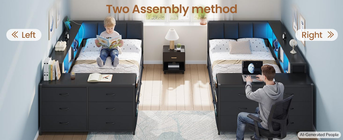Twin Corner Bed with 6 Storage Dressers, 3 Drawers & Bookcase, Charging Station and LED Light, Desk, Upholstered Headboard, Black G5065