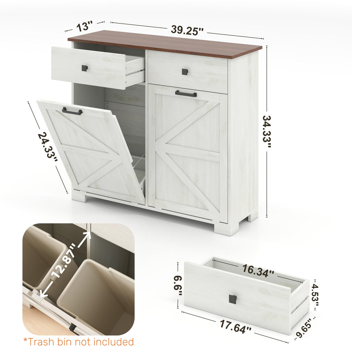 Antique White Wooden Tilt Out Trash Cabinet with 2 Storage Drawers I607