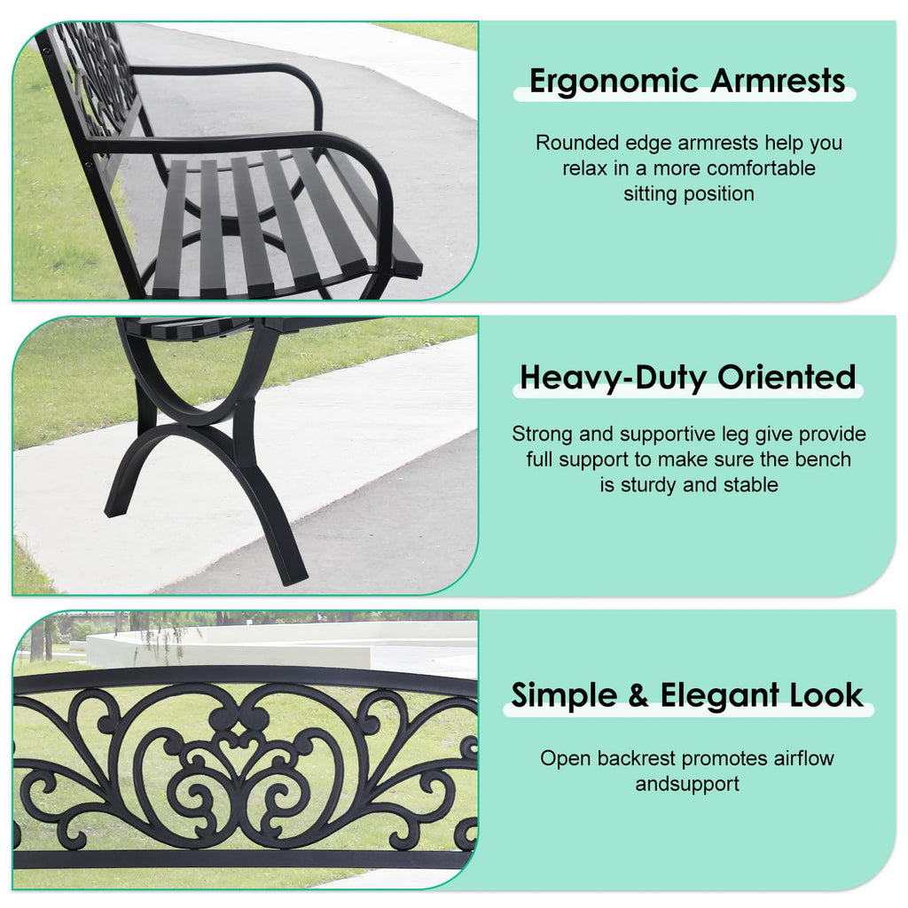 50" Outdoor Garden Bench Black 485lbs Load Capacity I164