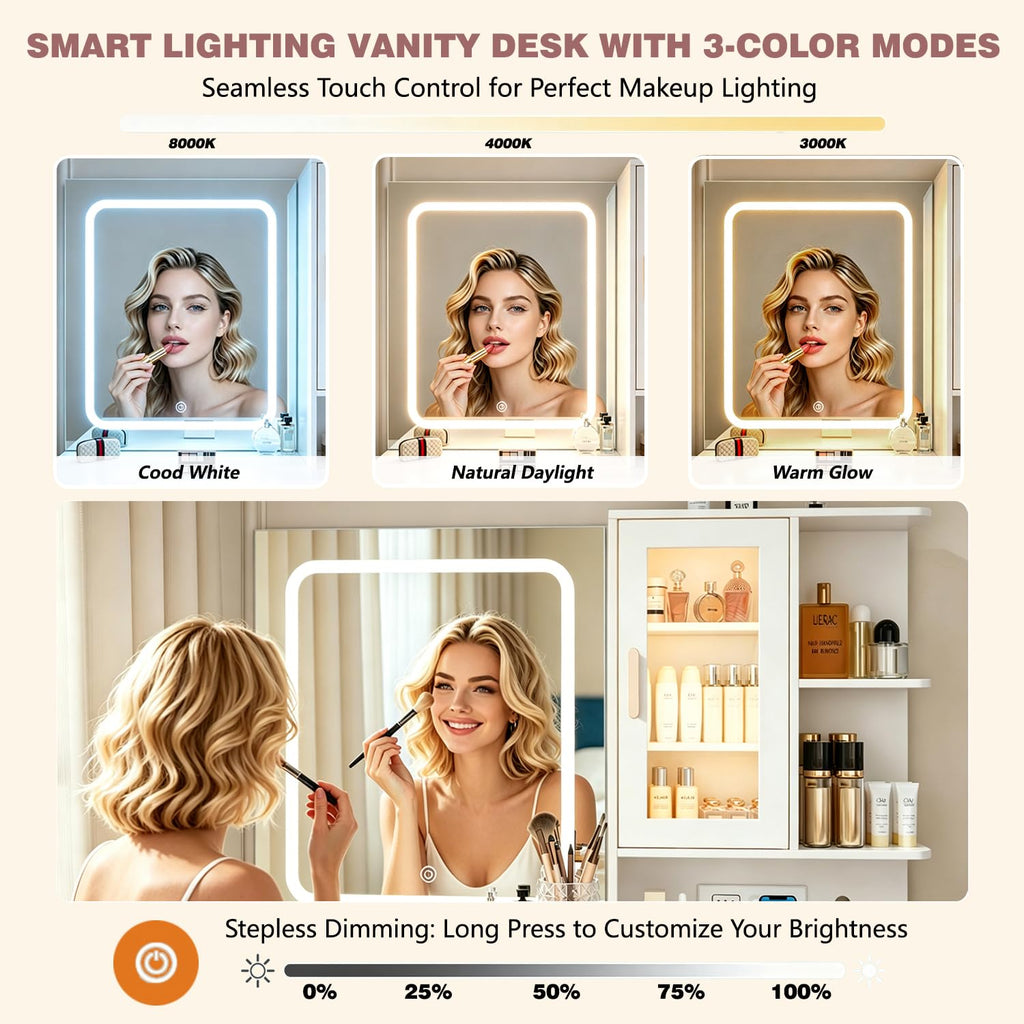 White Vanity Desk with LED Lights Mirror, 5 Drawers, Charging Station & Cushion Stool G84875