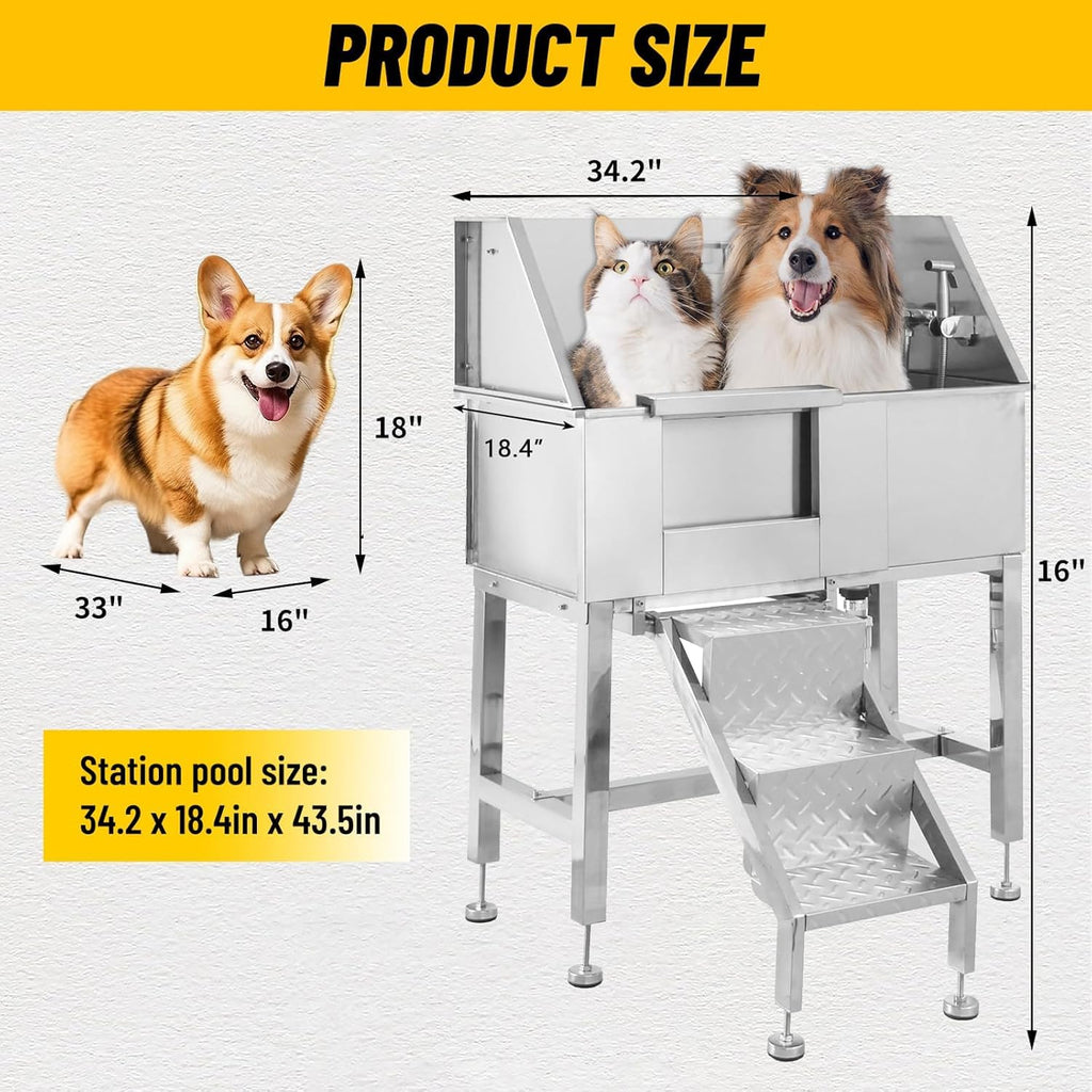 34" Stainless Steel Dog Grooming Tub with Stairs Y3226