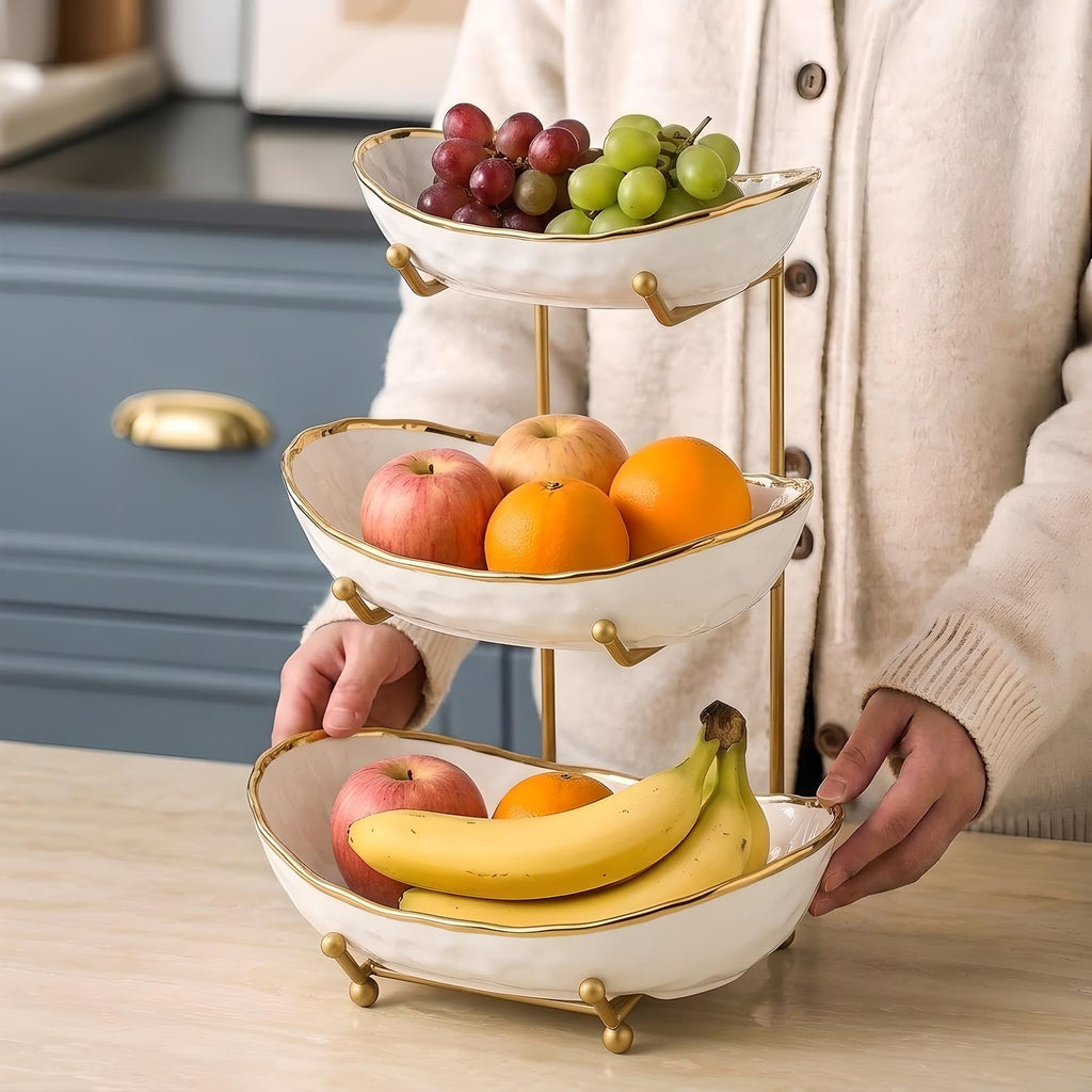 White 3 Tier Ceramic Fruit Bowl with Metal Holder G12891