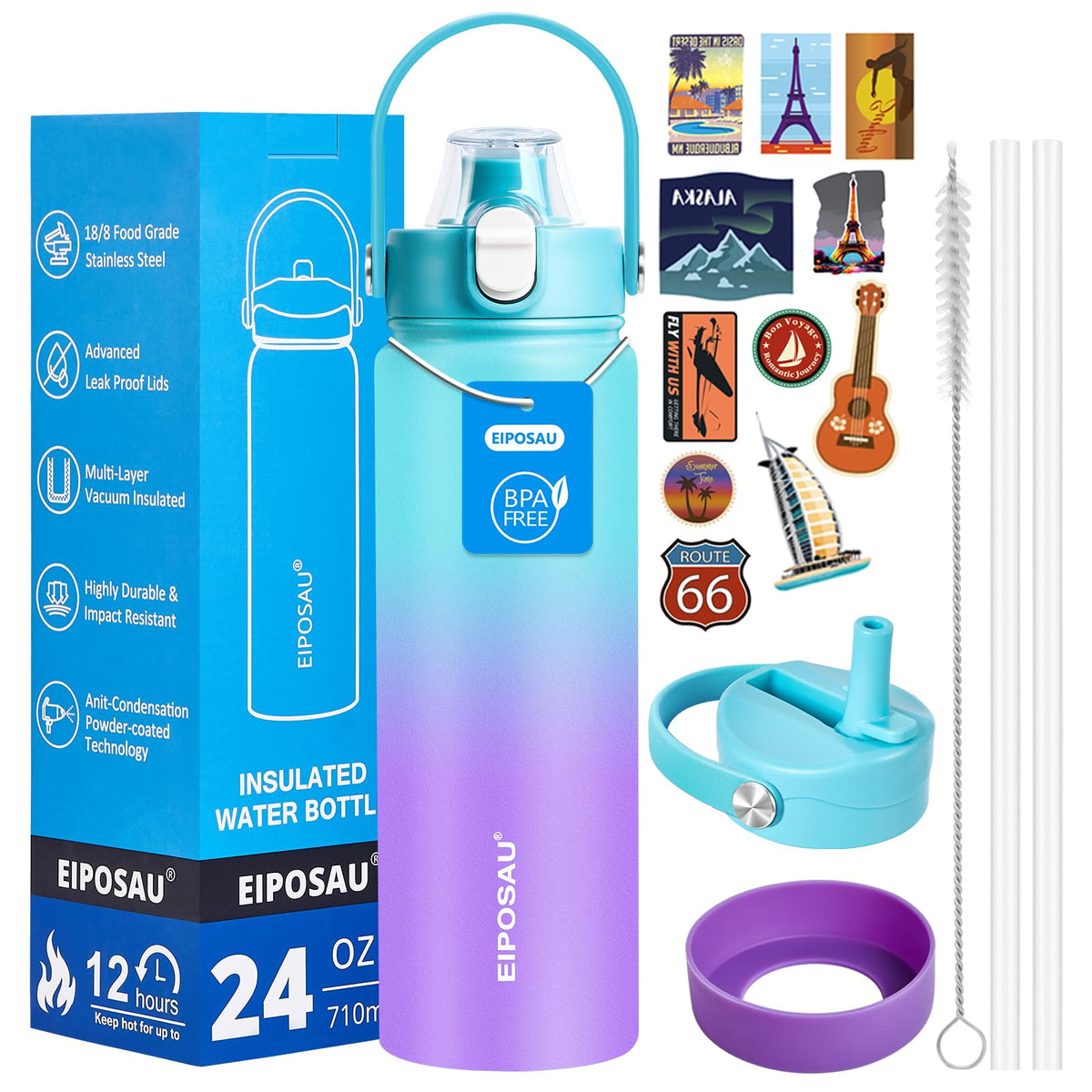 Insulated Water Bottle with Lid & Boot & Stickers, 24 oz S489592