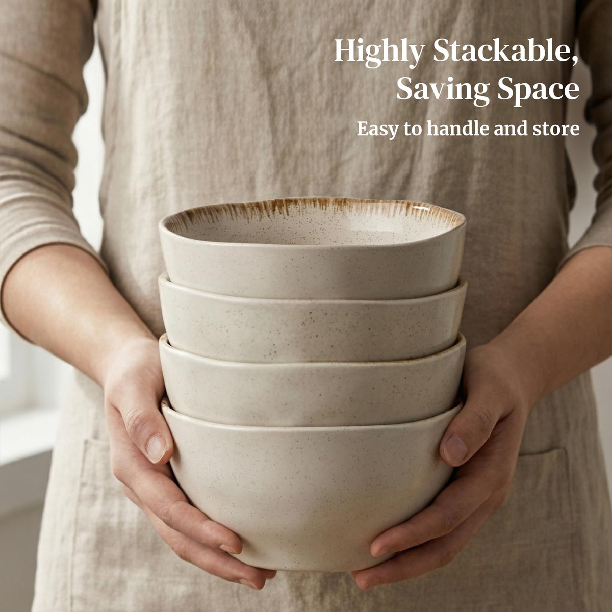 30 OZ Ceramic Soup Bowls Set of 4 Beige U6742