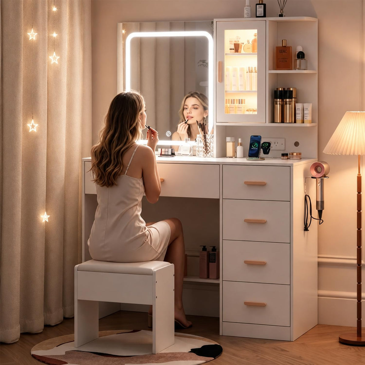 White Vanity Desk with LED Lights Mirror, 5 Drawers, Charging Station & Cushion Stool G84875