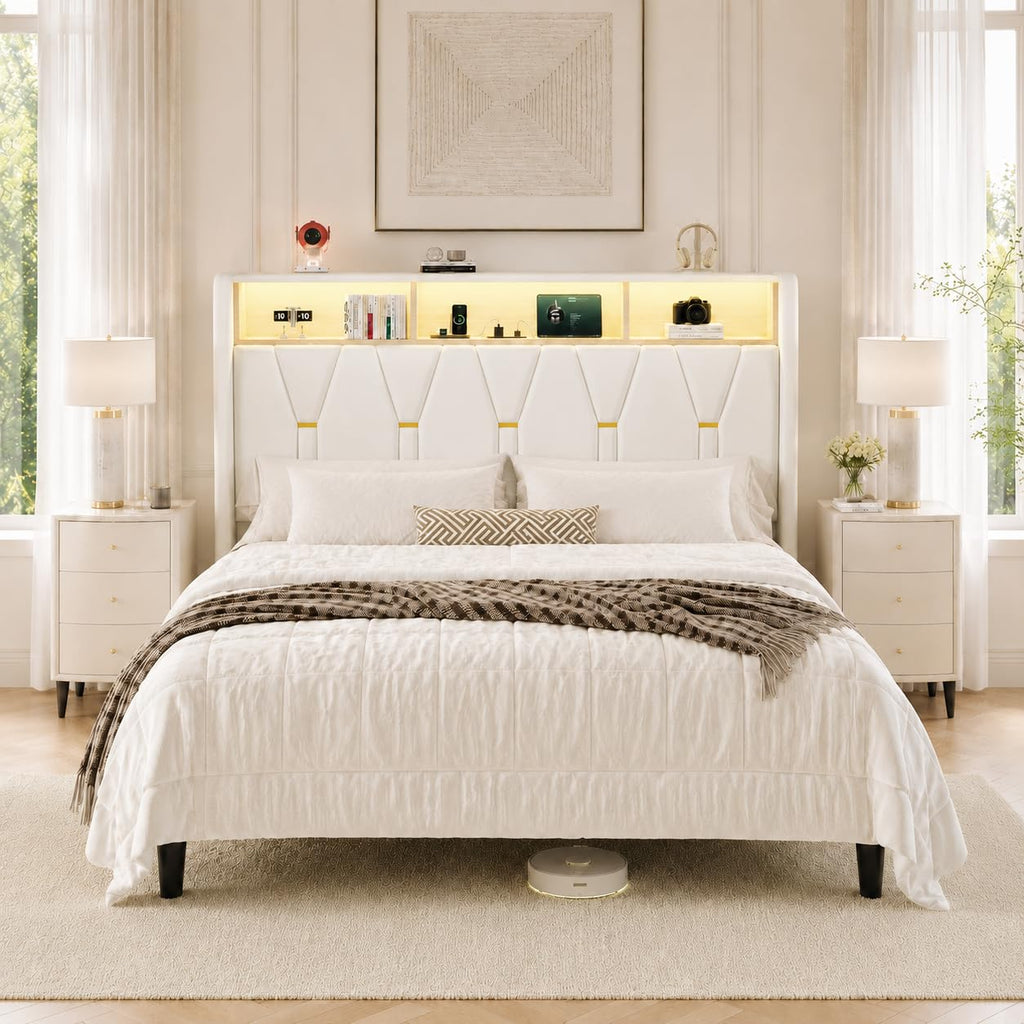 Full Size Bed Frame with 2-Tier Storage Headboard E638934