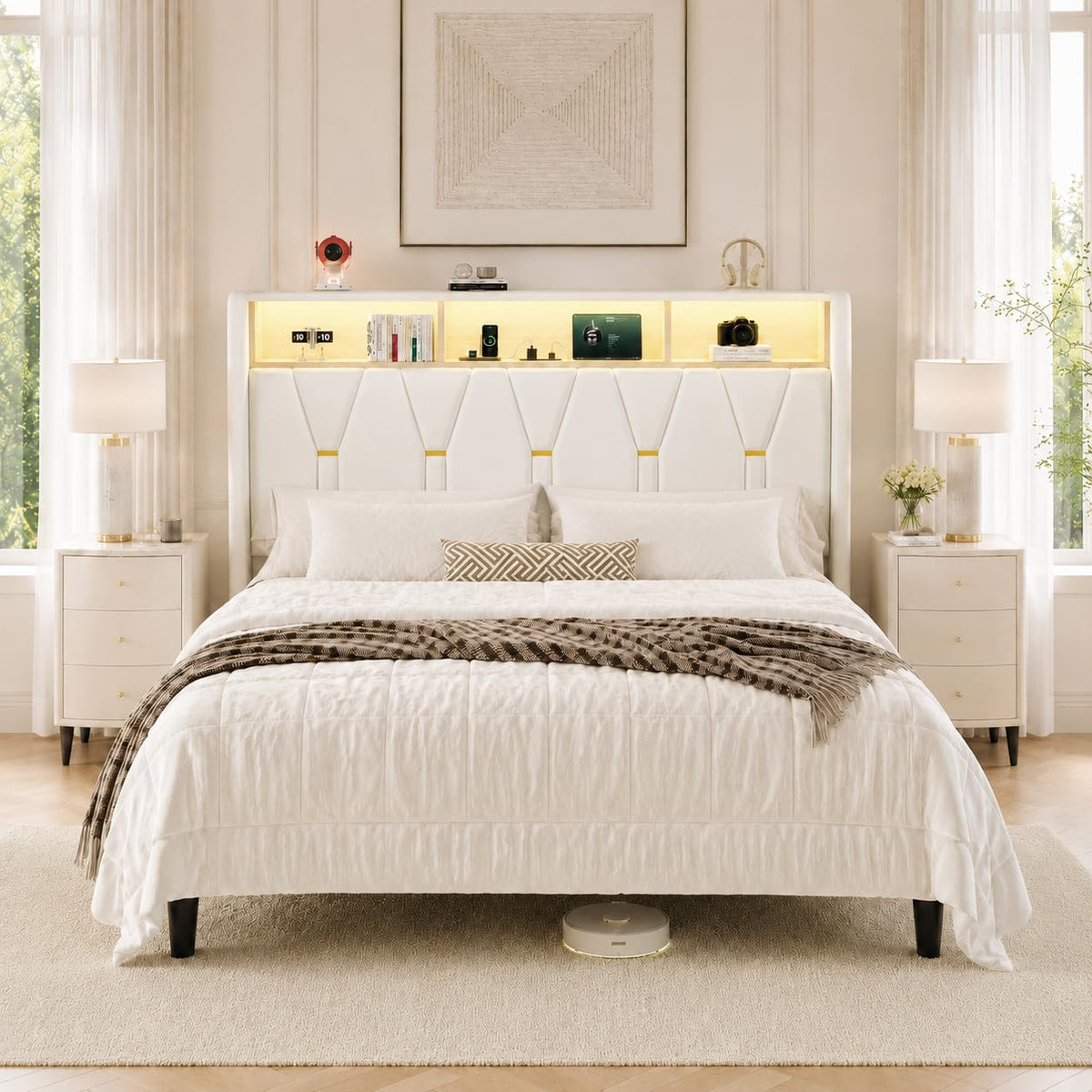 Full Size Bed Frame with 2-Tier Storage Headboard E638934