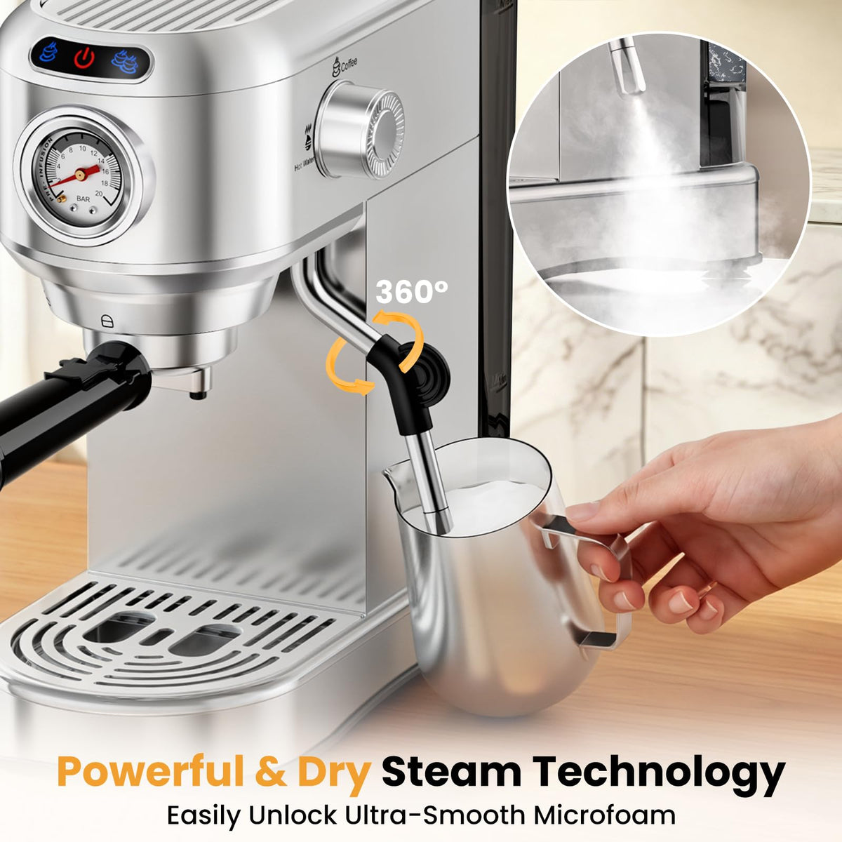 20 Bar Compact Stainless Steel Espresso Machine with Milk Frother U1420