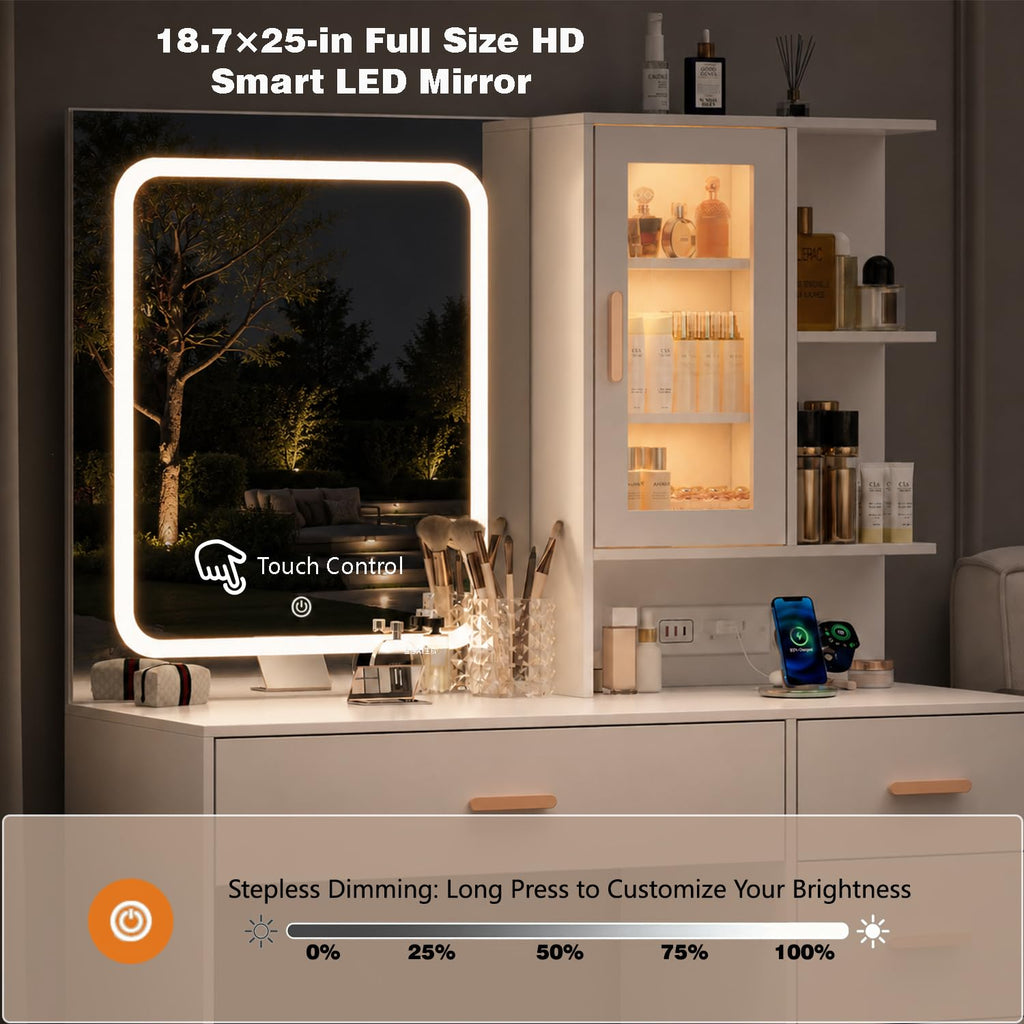 White Vanity Desk with LED Lights Mirror, 5 Drawers, Charging Station & Cushion Stool G84875