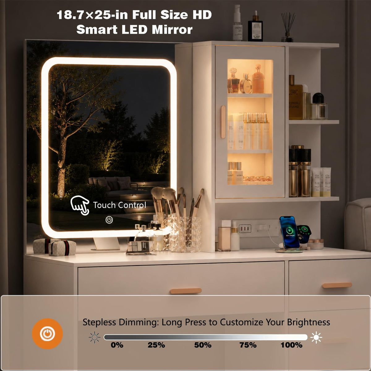 White Vanity Desk with LED Lights Mirror, 5 Drawers, Charging Station & Cushion Stool G84875