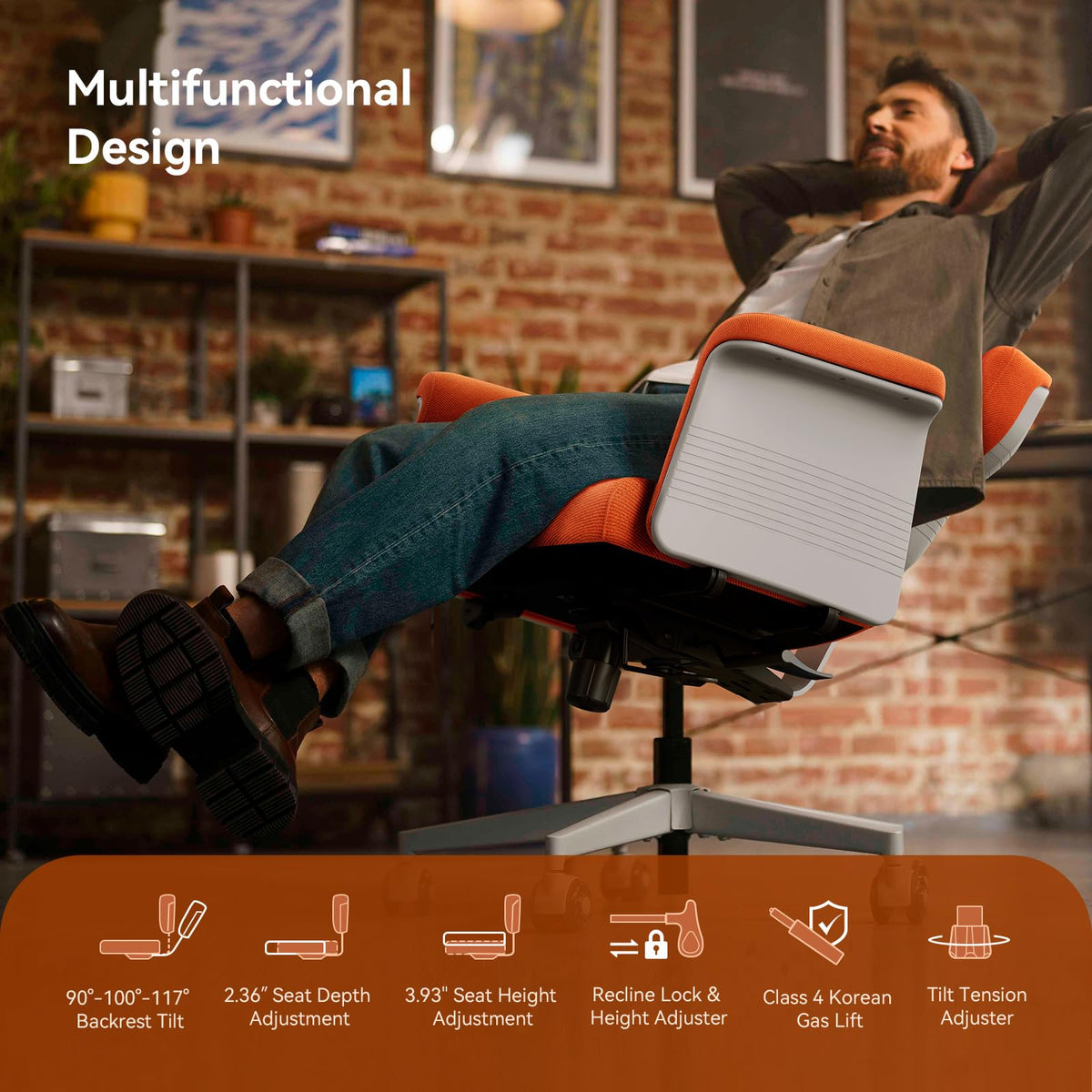 Orange Adjustable Ergonomic Office Chair with Desk Tray N85074