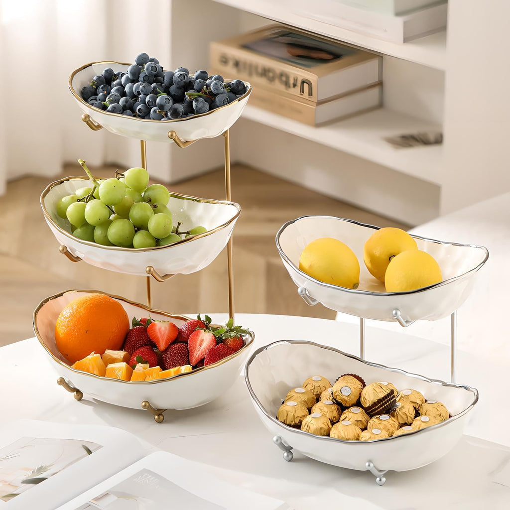 White 3 Tier Ceramic Fruit Bowl with Metal Holder G12891
