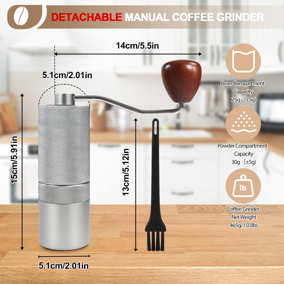 Manual Coffee Grinder with 25 Level Stainless Steel Conical Burr W6090