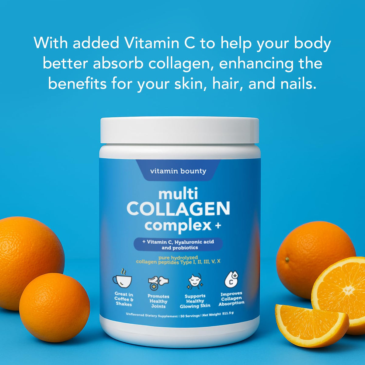 Multi Collagen Peptides Powder with Probiotics, Vitamin C & Hyaluronic Acid, 50 Servings Q47126