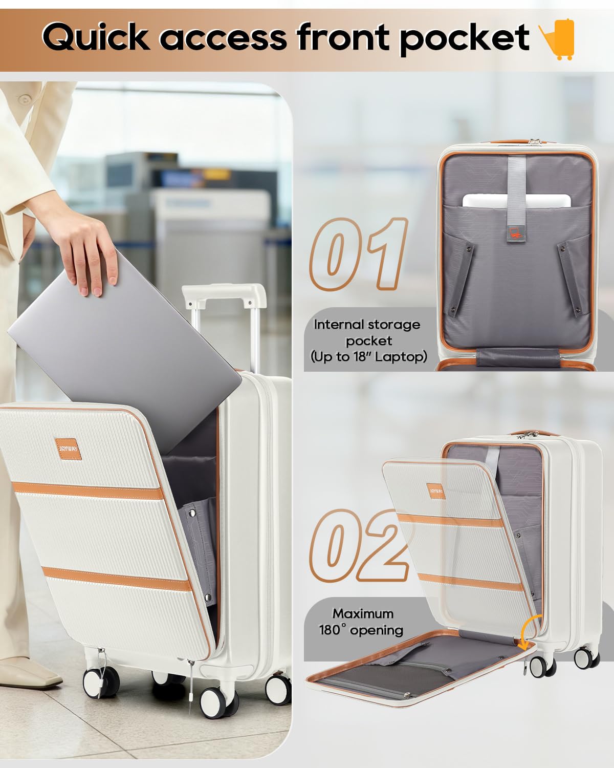 20 Inch Carry On Luggage with Front Pocket and Cup Holder, White S7336