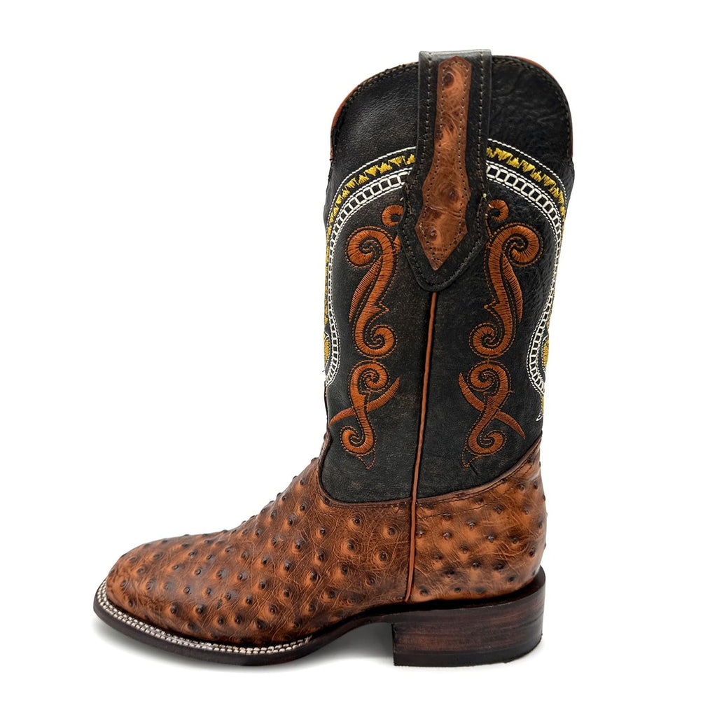 Leather Ostrich Quill Print Square Toe Western Cowboy Boot B3049