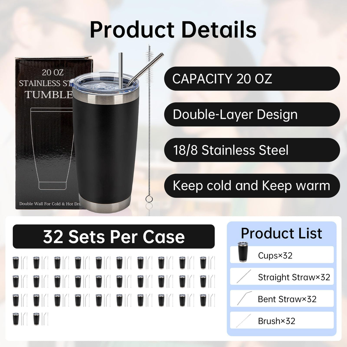 32 Pack 20oz Stainless Steel Insulated Tumblers with Lid & Straw J509987