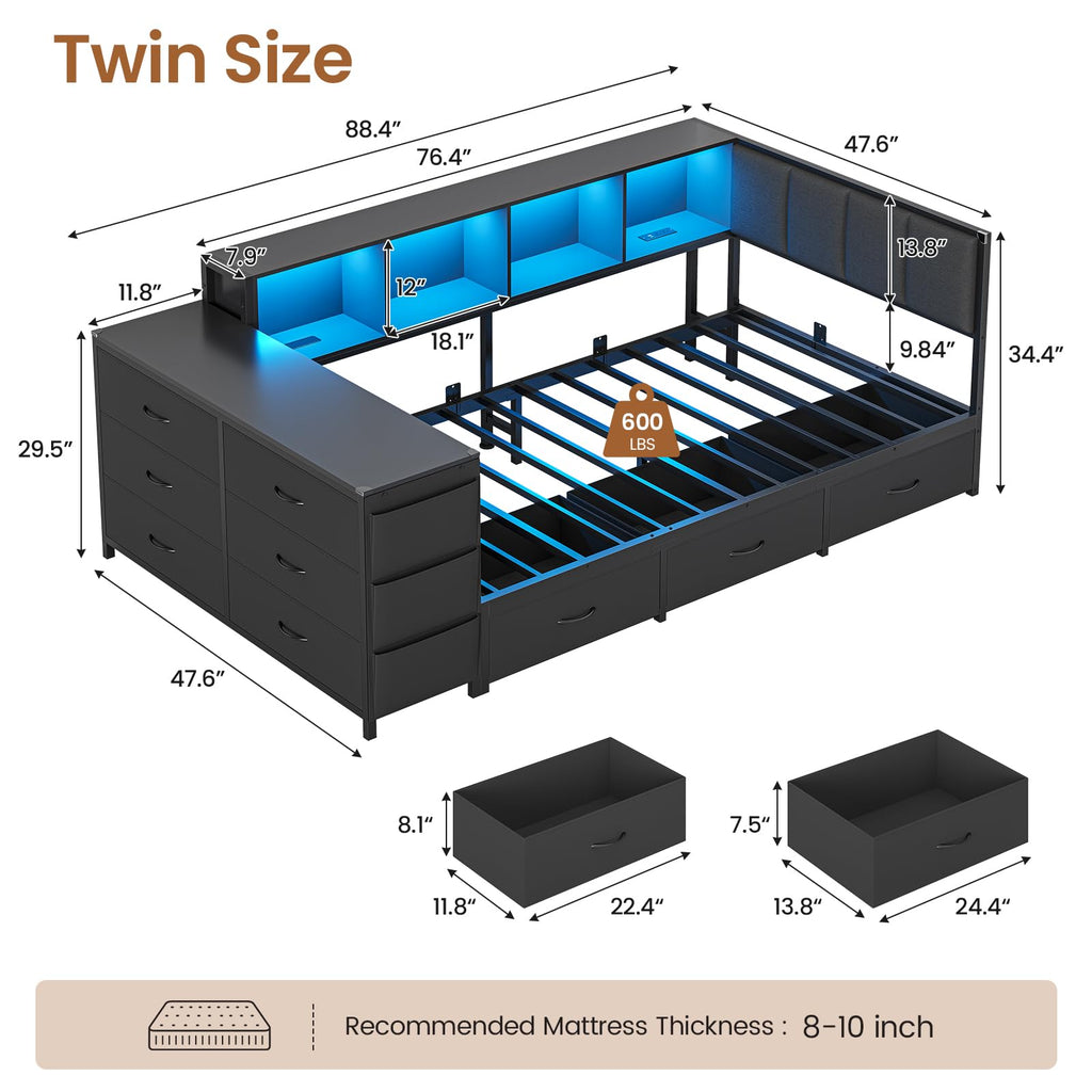 Twin Corner Bed with 6 Storage Dressers, 3 Drawers & Bookcase, Charging Station and LED Light, Desk, Upholstered Headboard, Black G5065