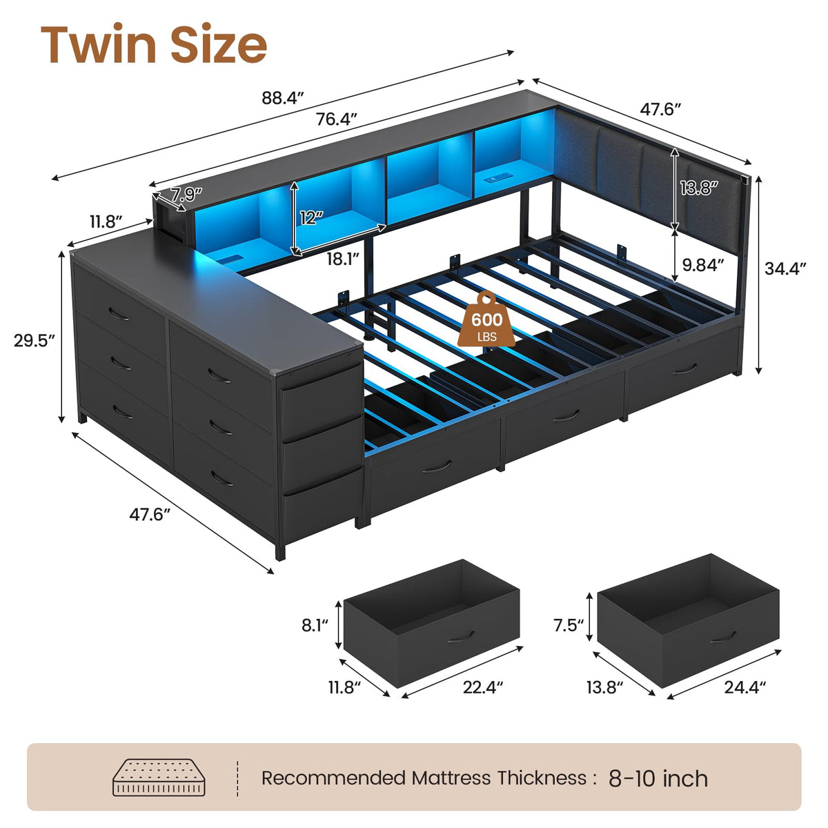 Twin Corner Bed with 6 Storage Dressers, 3 Drawers & Bookcase, Charging Station and LED Light, Desk, Upholstered Headboard, Black G5065