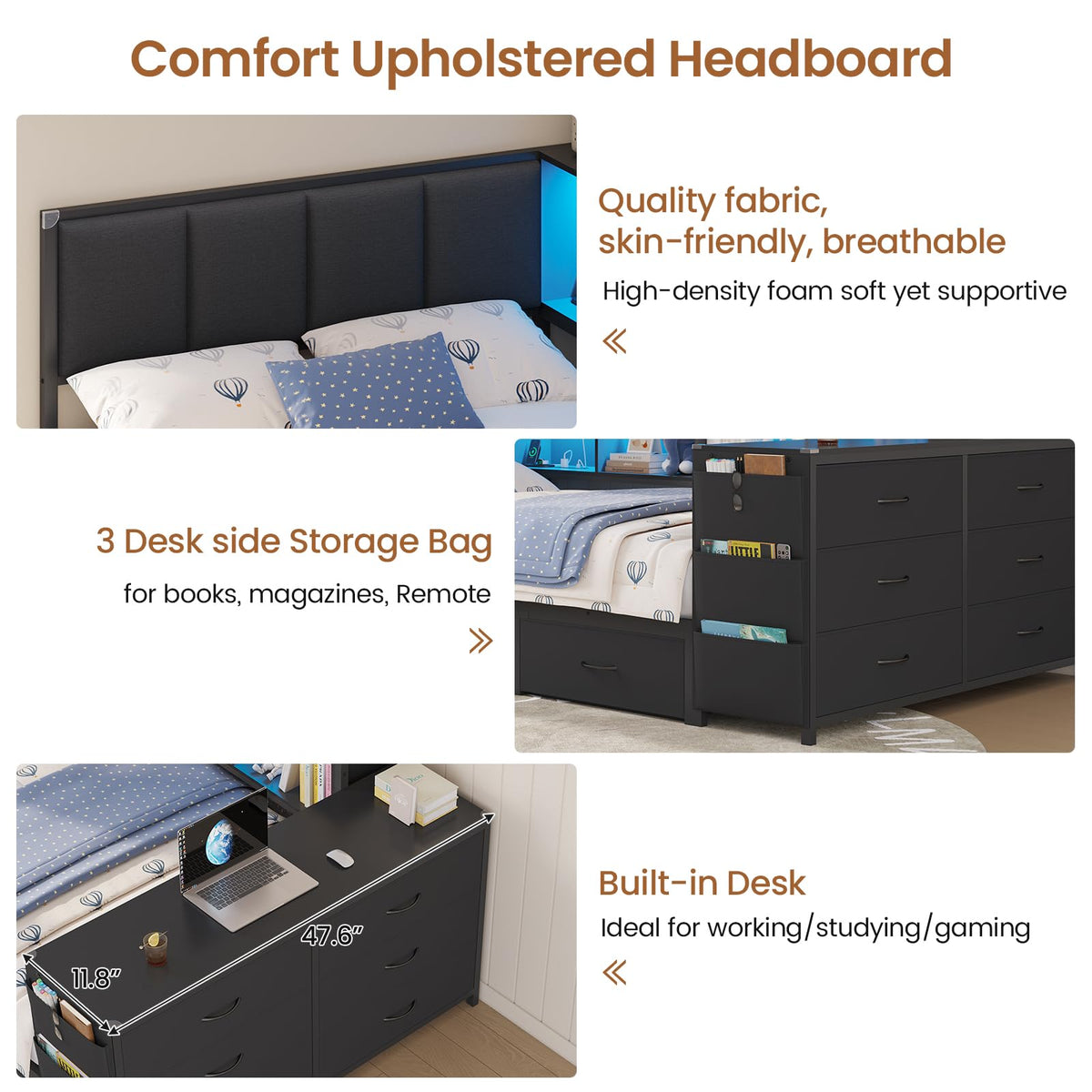Twin Corner Bed with 6 Storage Dressers, 3 Drawers & Bookcase, Charging Station and LED Light, Desk, Upholstered Headboard, Black G5065