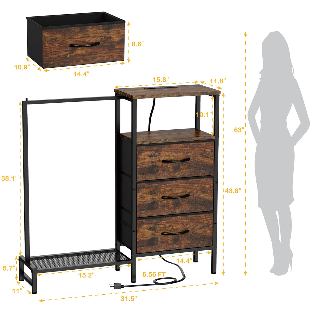 Brown 3 Drawer Fabric Dresser with Hanging Rack N491