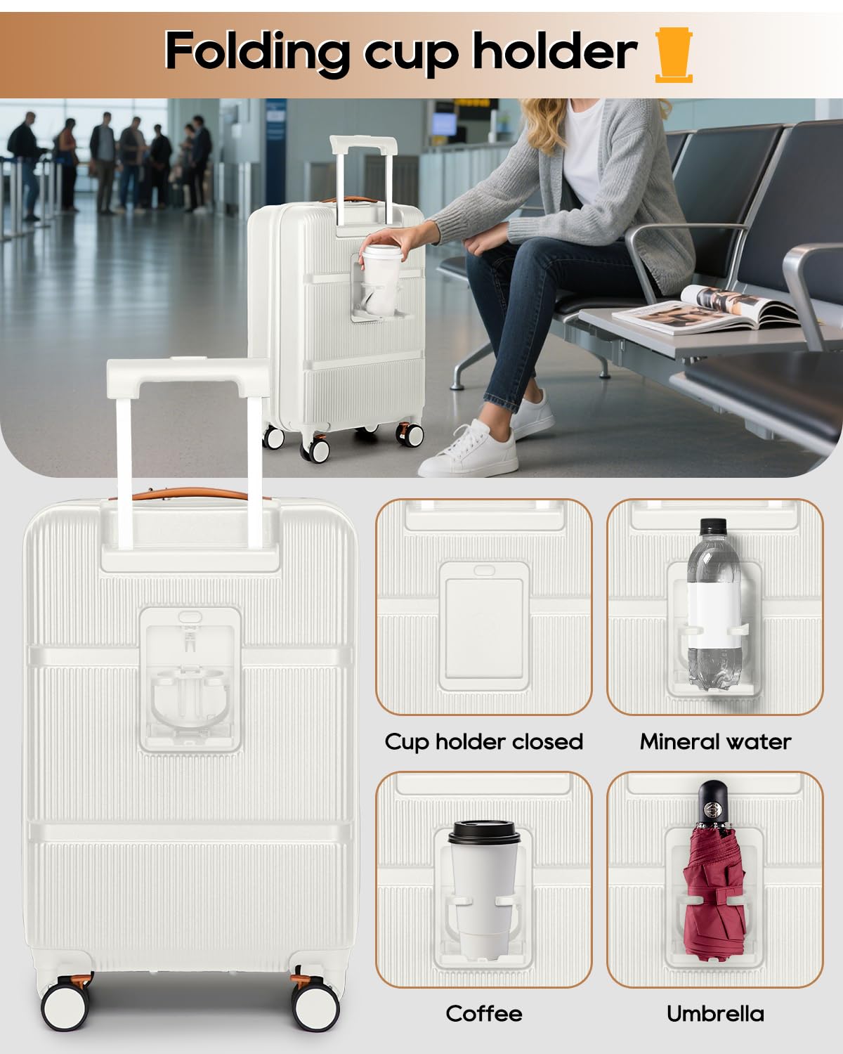 20 Inch Carry On Luggage with Front Pocket and Cup Holder, White S7336