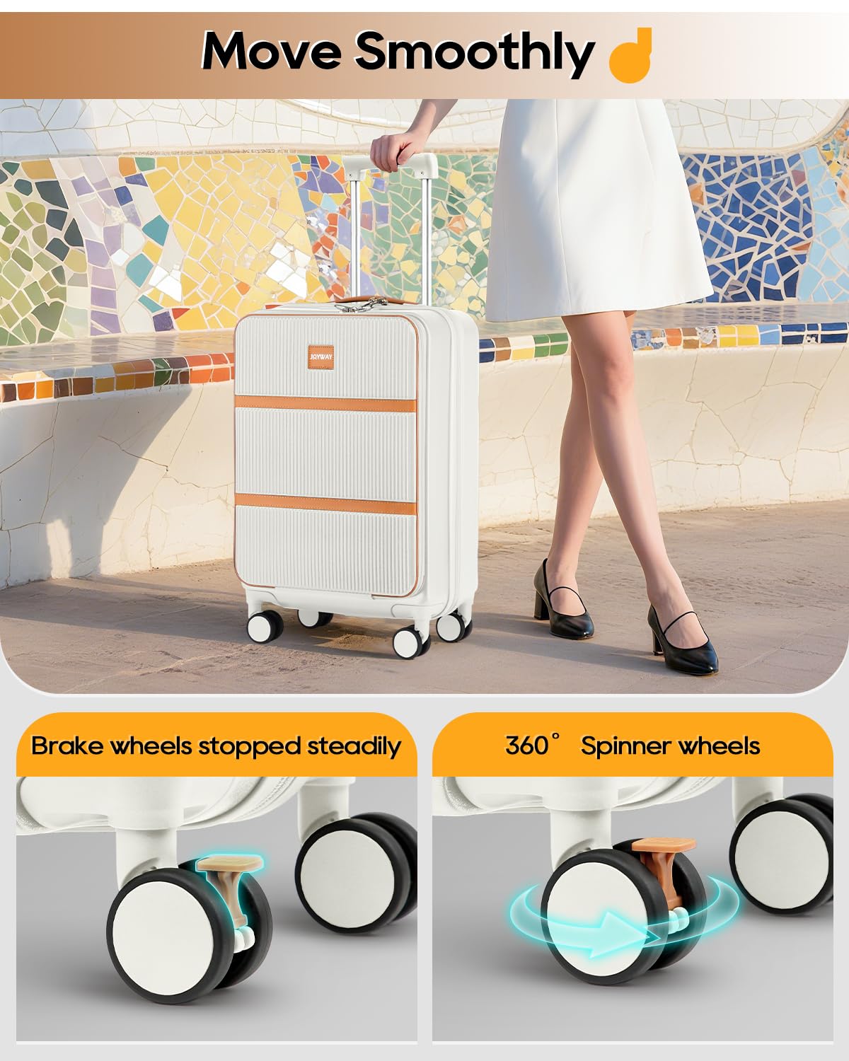 20 Inch Carry On Luggage with Front Pocket and Cup Holder, White S7336