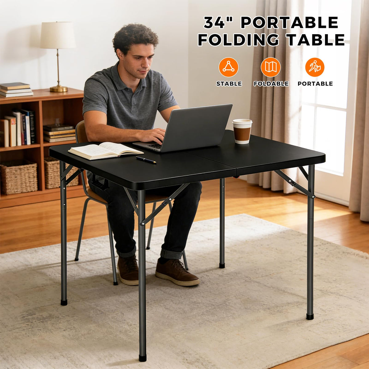 34" Black Square Folding Table with Carrying Handle U90221