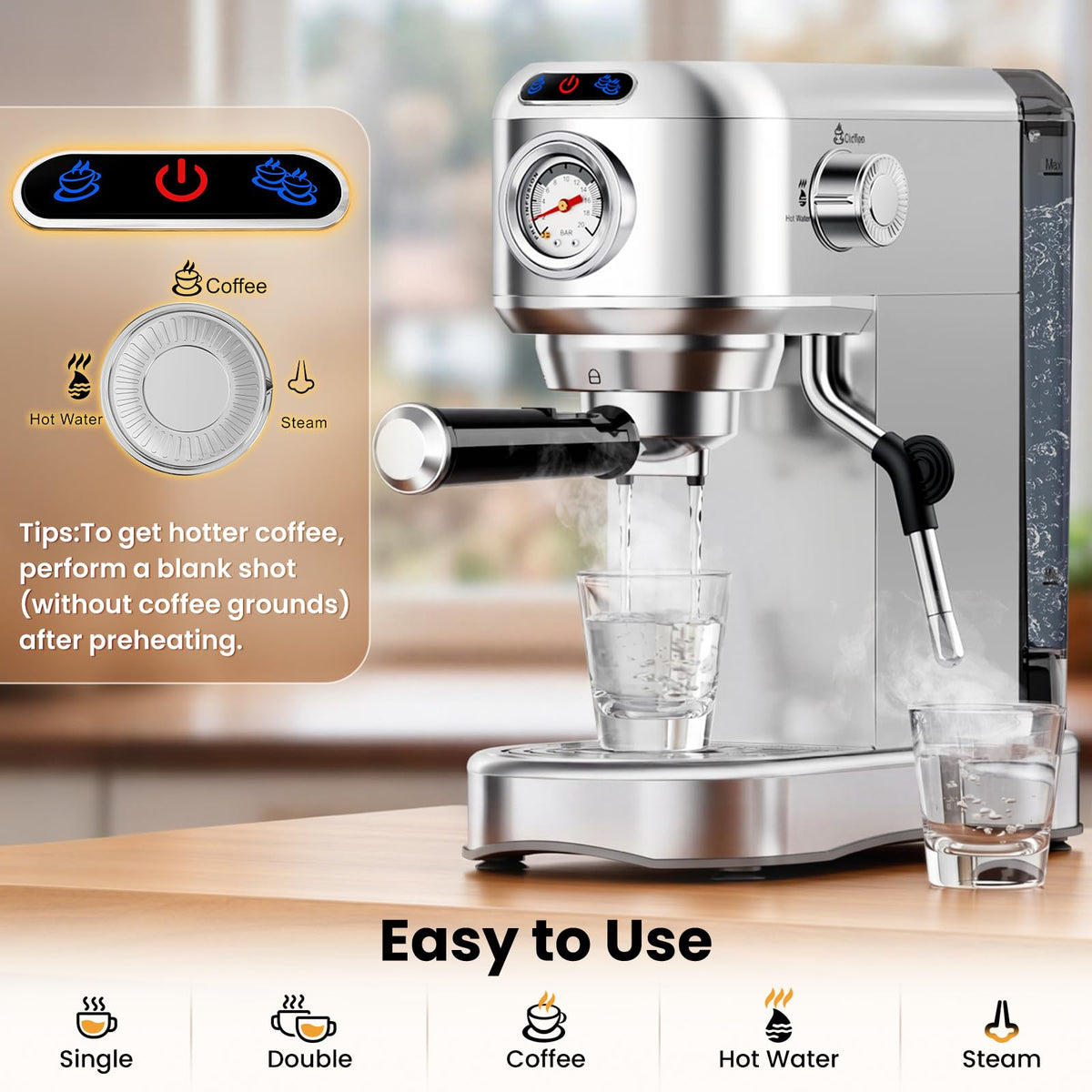 20 Bar Compact Stainless Steel Espresso Machine with Milk Frother U1420