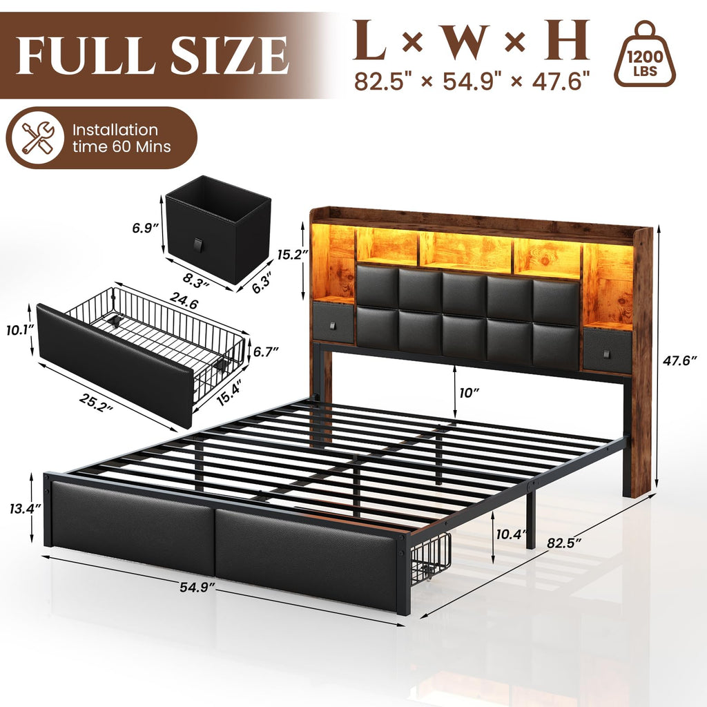 Full Size Platform Bed Frame with LED Light and Charging Station, Black O36303
