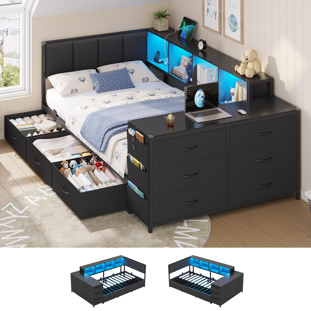 Twin Corner Bed with 6 Storage Dressers, 3 Drawers & Bookcase, Charging Station and LED Light, Desk, Upholstered Headboard, Black G5065