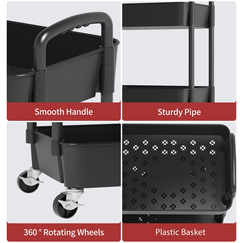 3-Tier Plastic Rolling Utility Cart with Wheels H73190
