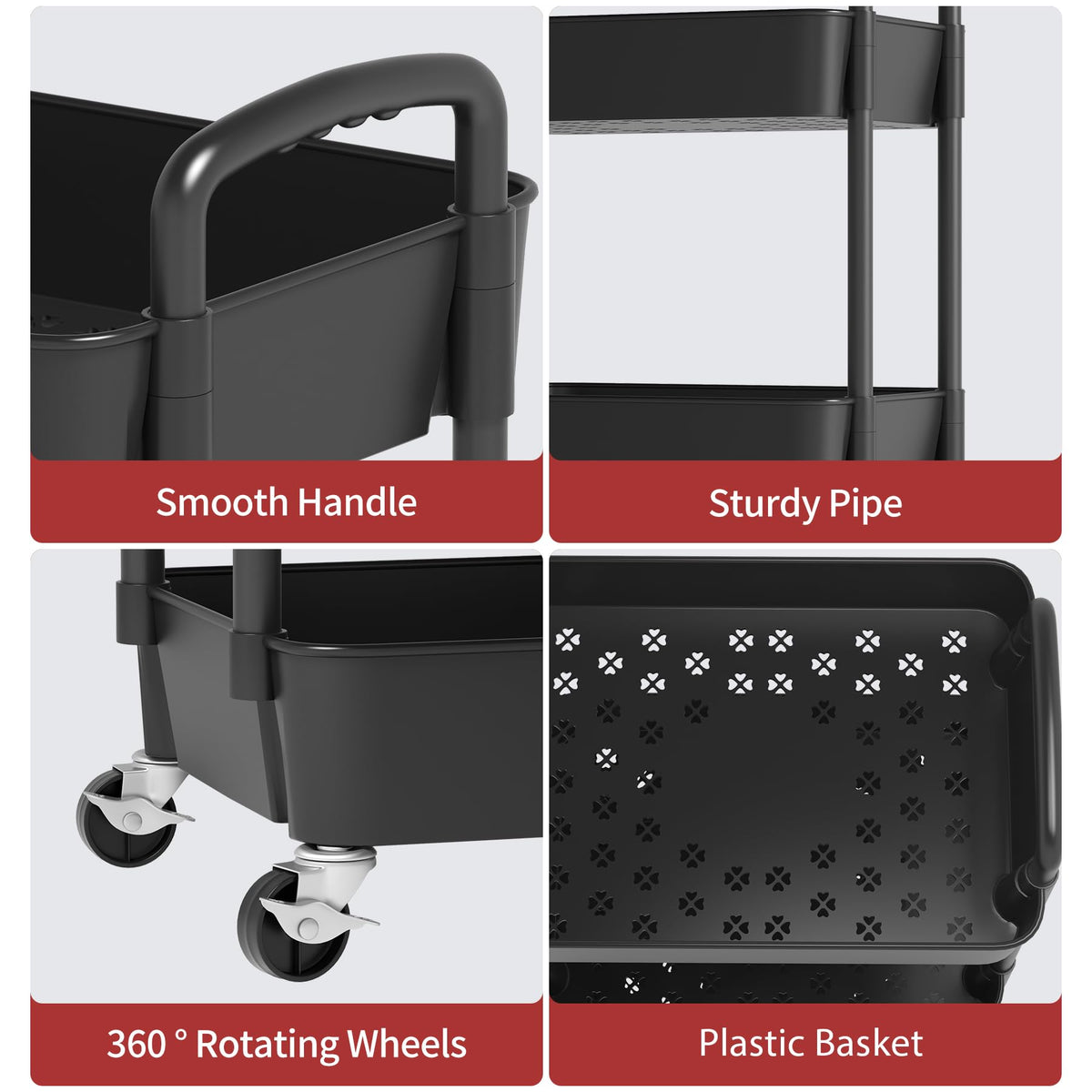 3-Tier Plastic Rolling Utility Cart with Wheels H73190