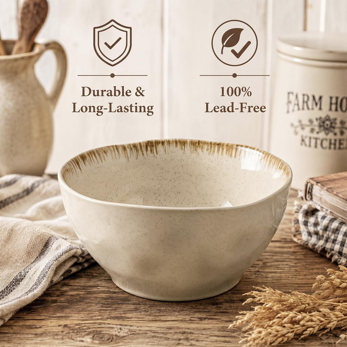 30 OZ Ceramic Soup Bowls Set of 4 Beige U6742