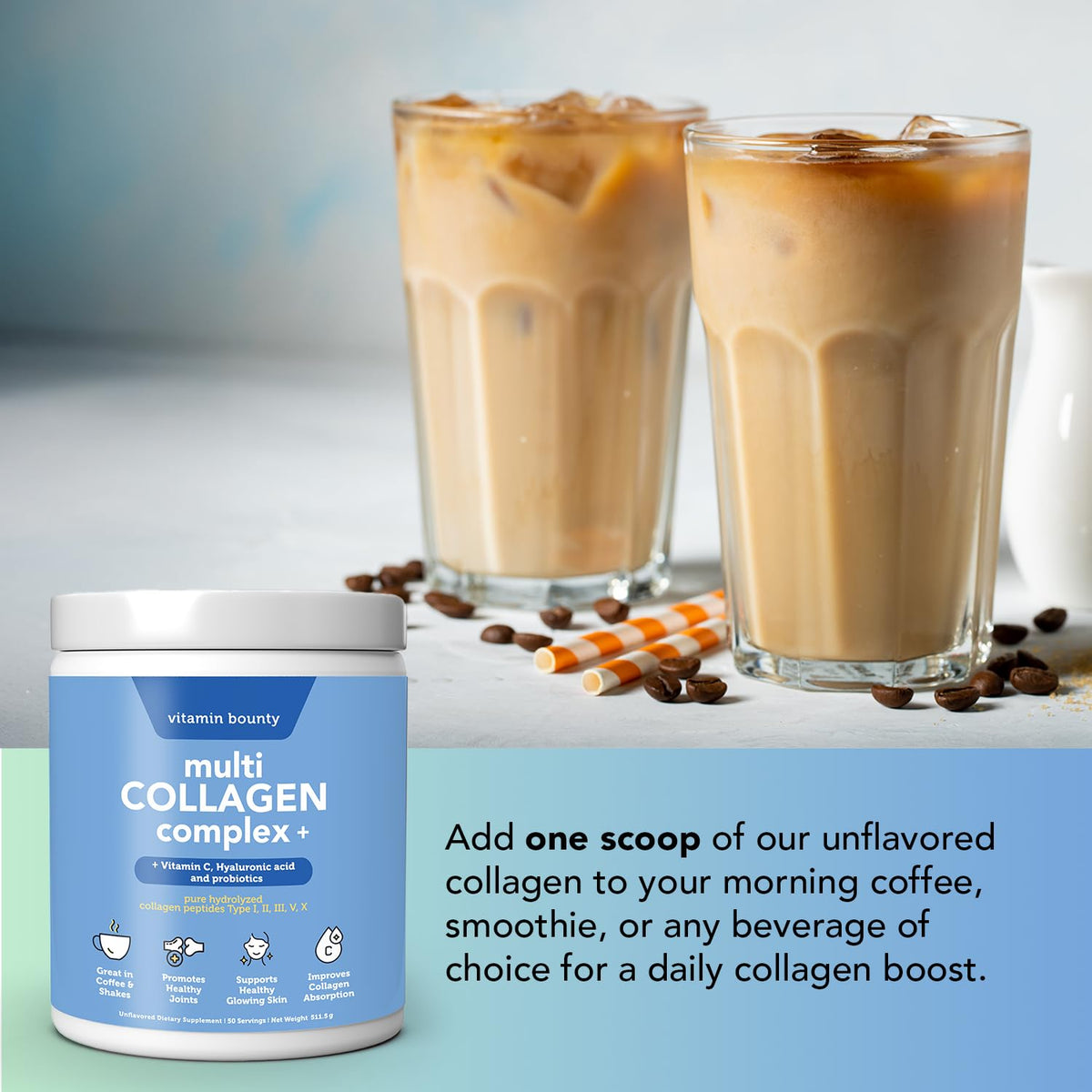 Multi Collagen Peptides Powder with Probiotics, Vitamin C & Hyaluronic Acid, 50 Servings Q47126