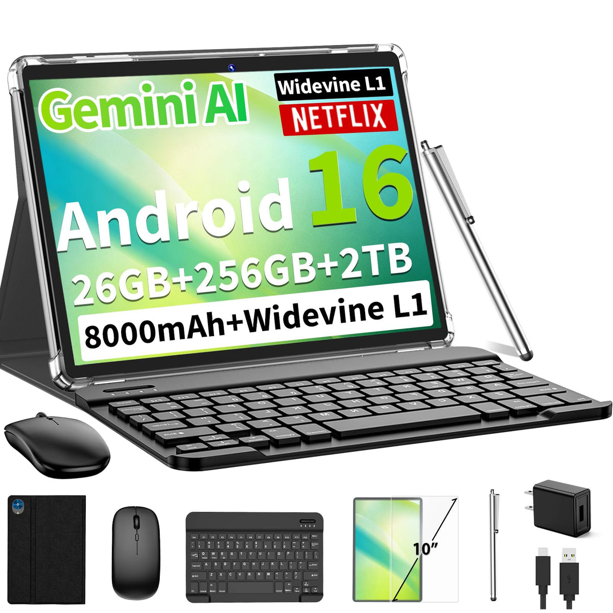 Android 16 Tablet with Keyboard 26GB 256GB 2TB Octa-Core Black Case W4275