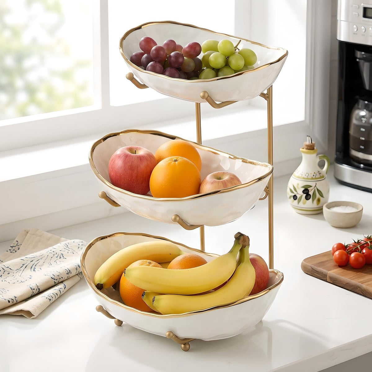 White 3 Tier Ceramic Fruit Bowl with Metal Holder G12891