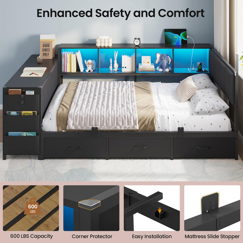 Twin Corner Bed with 6 Storage Dressers, 3 Drawers & Bookcase, Charging Station and LED Light, Desk, Upholstered Headboard, Black G5065