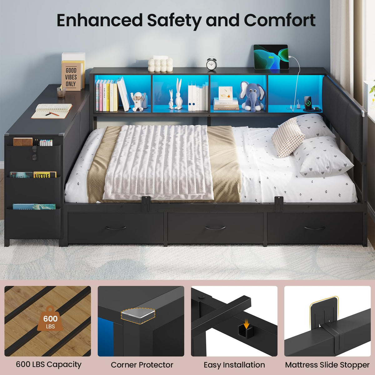 Twin Corner Bed with 6 Storage Dressers, 3 Drawers & Bookcase, Charging Station and LED Light, Desk, Upholstered Headboard, Black G5065