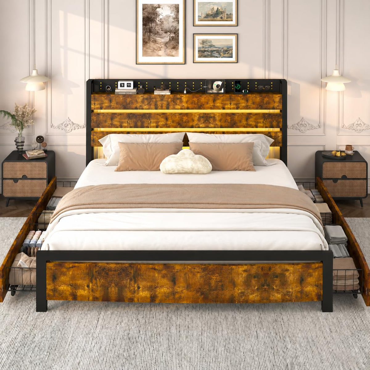King Size Storage Bed Frame with 4 Drawers, Metal Bed Frame with Headboard Charging Station & Led Lights, Heavy Duty Platform Bedframe, No Box Spring Needed, Noise Free, Easy Assembly, Brown I3714